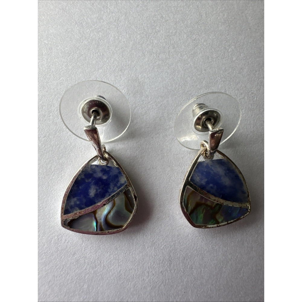 Sterling‎ Silver 925 Thailand Inlay Earrings Lapis Abalone Mother of Pearl